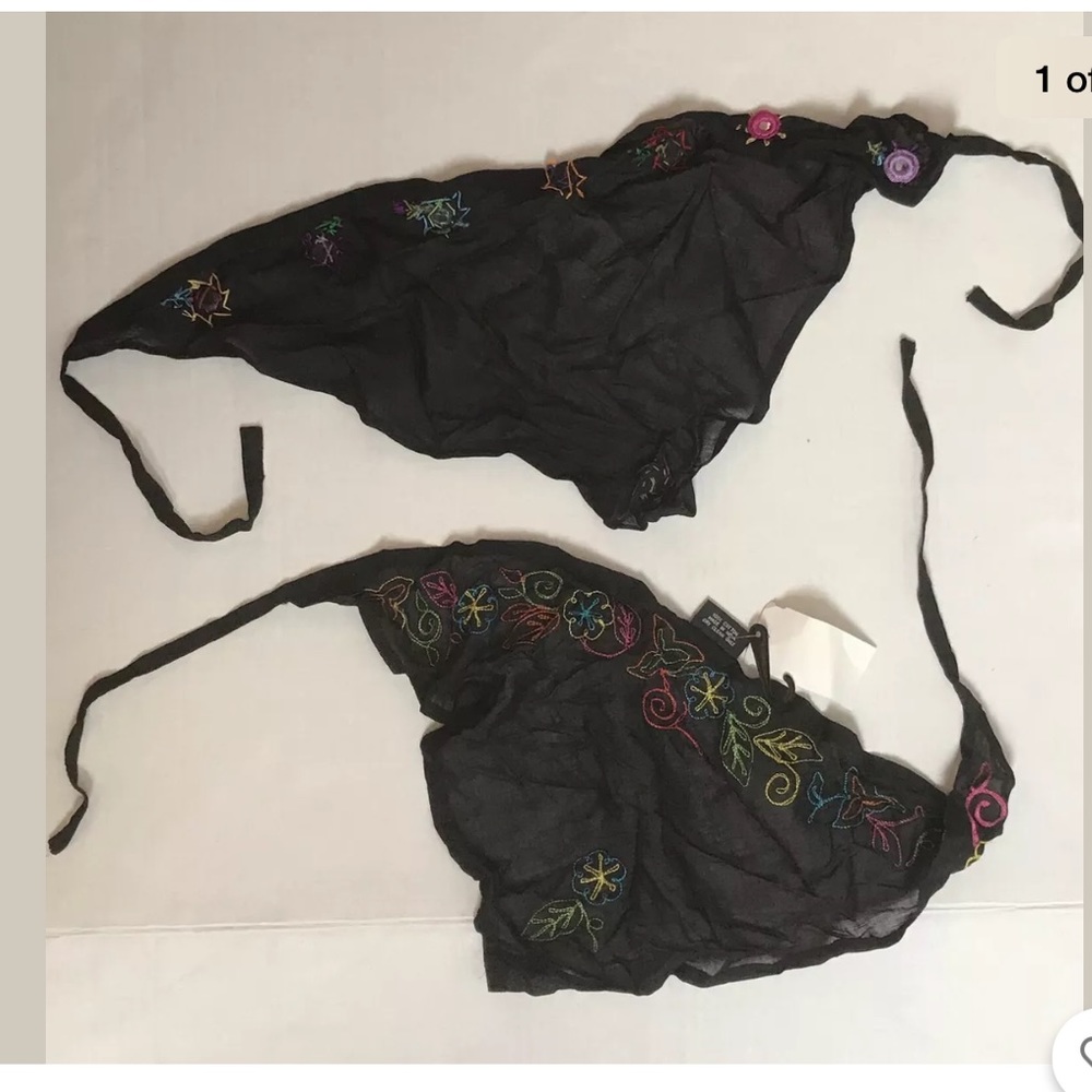 CEJON SET OF 2 Black Embroidered HEAD SCARF VTG